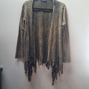 Urban X Womens Brown Black Acid Wash Tattered Fringe Open Front Cardigan Small